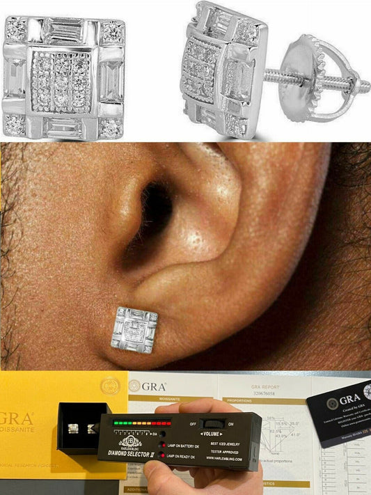 Real MOISSANITE Silver Iced Baguette Hip Hop Earrings Studs Pass Diamond Tester