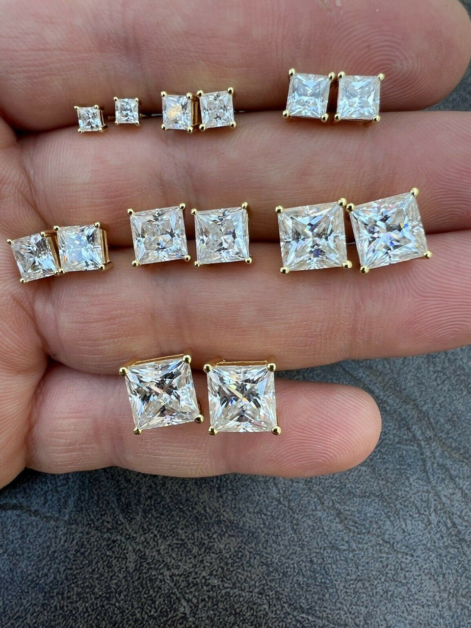 Real MOISSANITE Square Princess Stud Earrings 14k Gold Vermeil Pass Diamond Test