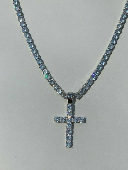 Real Solid 925 Silver 6mm Single Row Tennis Chain W. Cross Icy Bust Down HEAVY