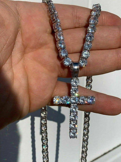 Real Solid 925 Silver 6mm Single Row Tennis Chain W. Cross Icy Bust Down HEAVY