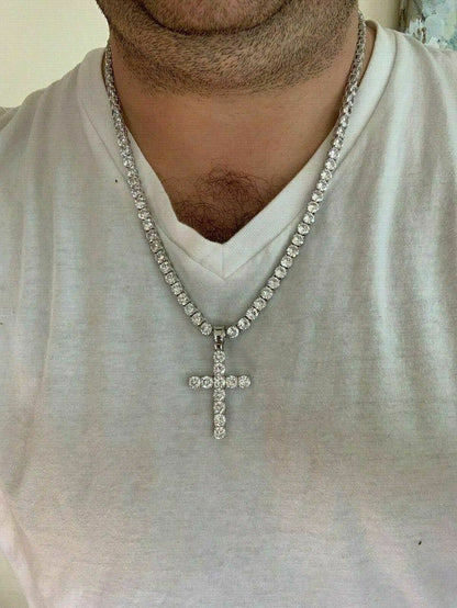 Real Solid 925 Silver 6mm Single Row Tennis Chain W. Cross Icy Bust Down HEAVY