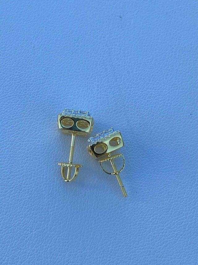 Real Solid 925 Silver Iced CZ Hip Hop Earrings Studs 14k Gold Finish Square ICY