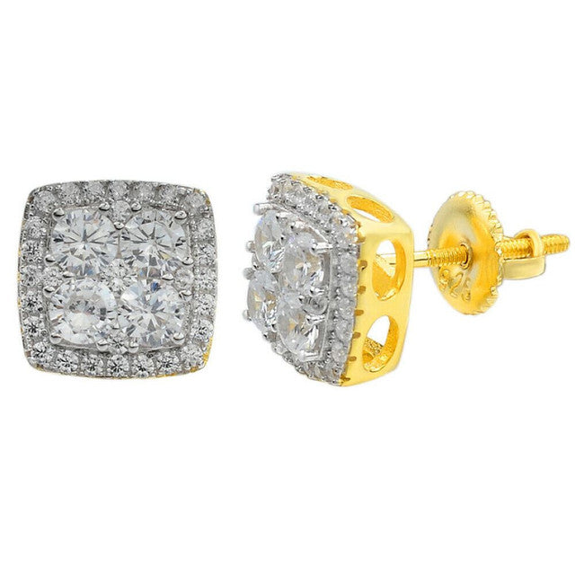 Real Solid 925 Silver Iced CZ Hip Hop Earrings Studs 14k Gold Finish Square ICY