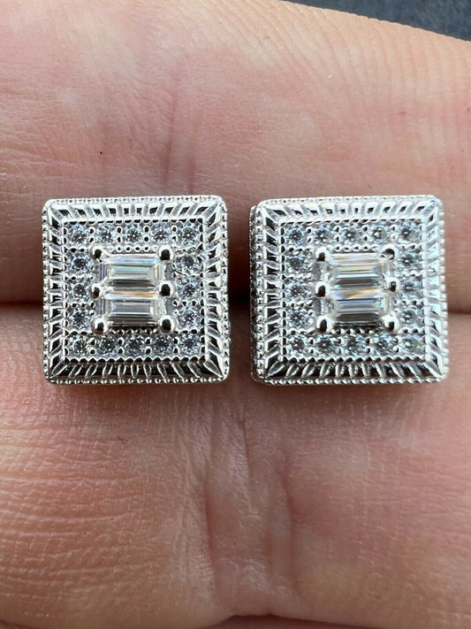 Real Solid 925 Silver Iced CZ Hip Hop Men's Earrings Large Square Baguette Studs