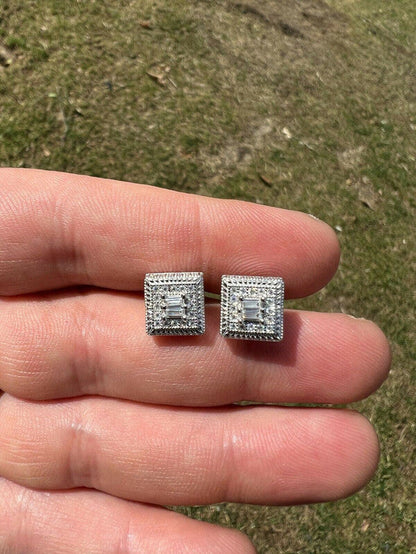 Real Solid 925 Silver Iced CZ Hip Hop Men's Earrings Large Square Baguette Studs