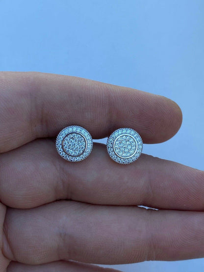 Real Solid 925 Silver Iced CZ Hip Hop Men's Earrings Large Studs Screw Backs