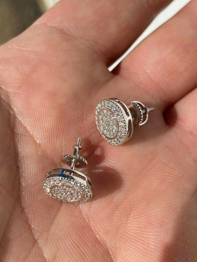 Real Solid 925 Silver Iced CZ Hip Hop Men's Earrings Large Studs Screw Backs