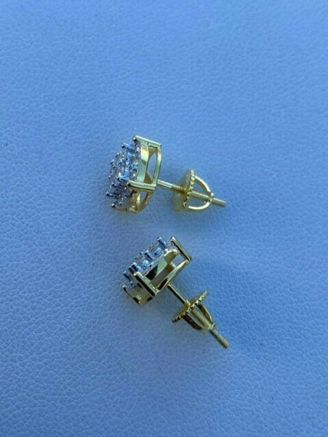 Real Solid 925 Silver Iced CZ Hip Hop Mens Earrings Round Studs 14k Gold Finish