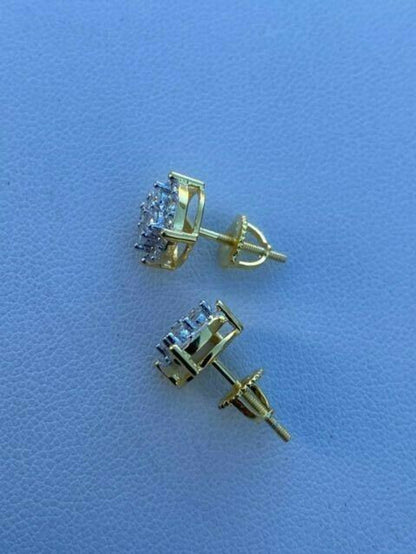 Real Solid 925 Silver Iced CZ Hip Hop Mens Earrings Round Studs 14k Gold Finish