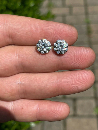 Real Solid 925 Silver Iced CZ Out Hip Hop Earrings Studs Large 10mm Mens Ladies