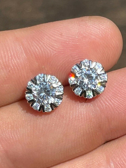 Real Solid 925 Silver Iced CZ Out Hip Hop Earrings Studs Large 10mm Mens Ladies