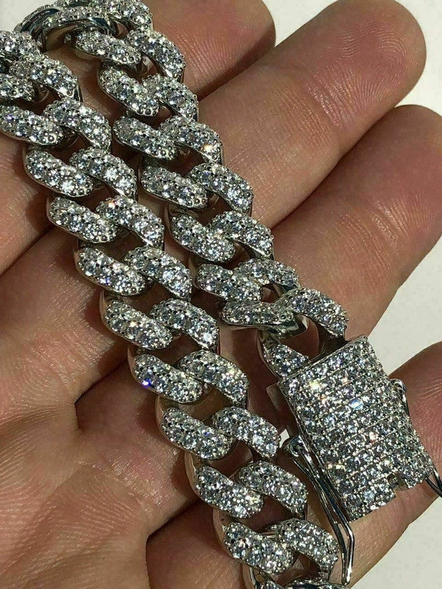 Real Solid 925 Silver Men’s Miami Cuban Link Bracelet ICY Diamonds 12mm Hip Hop