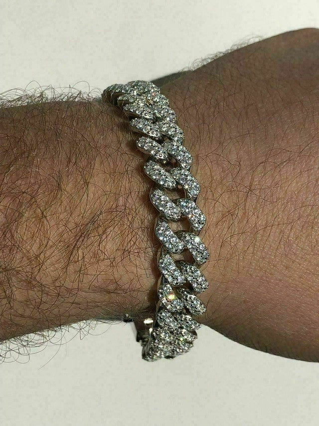 Real Solid 925 Silver Men’s Miami Cuban Link Bracelet ICY Diamonds 12mm Hip Hop