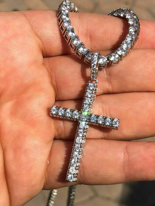 Real Solid 925 Silver Tennis Cross SUPER ICED Man Made Diamond W. Chain Men's 2"
