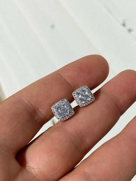 Real Solid 925 Sterling Silver Iced CZ Hip Hop Earrings Studs Square ICY Mens