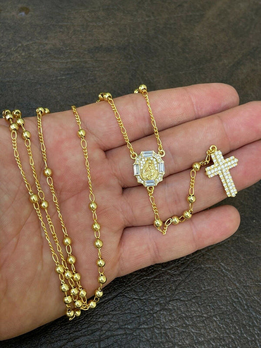 Rosary Beads Necklace Gold & Real 925 Silver Rosario Iced Baguette Diamond Out