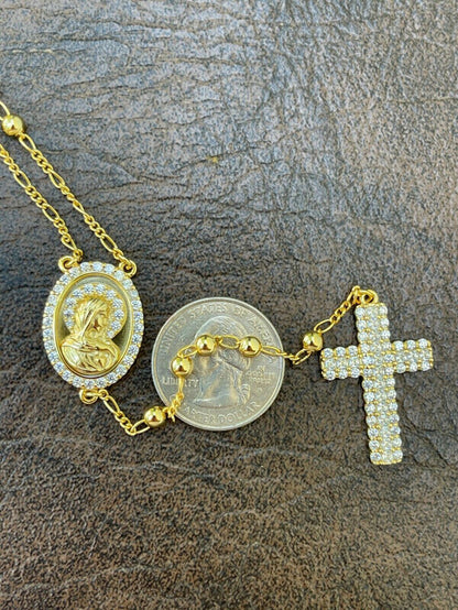 Rosary Beads Necklace Gold & Real 925 Sterling Silver Rosario Jesus Iced Diamond