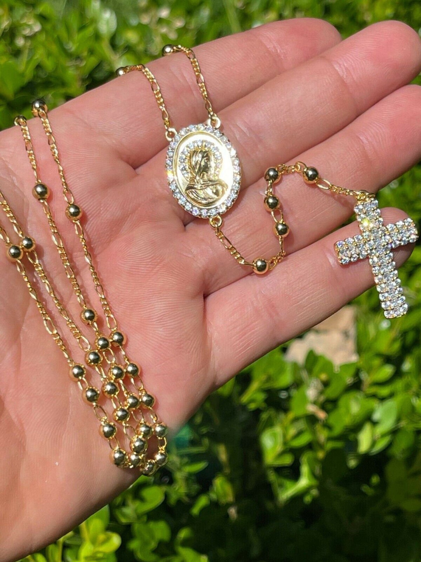 Rosary Beads Necklace Gold & Real 925 Sterling Silver Rosario Jesus Iced Diamond