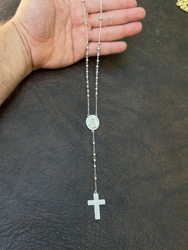 Rosary Beads Necklace Real 925 Sterling Silver Rosario Jesus Iced Diamond Out
