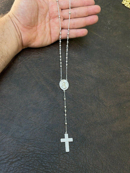 Rosary Beads Necklace Real 925 Sterling Silver Rosario Jesus Iced Diamond Out