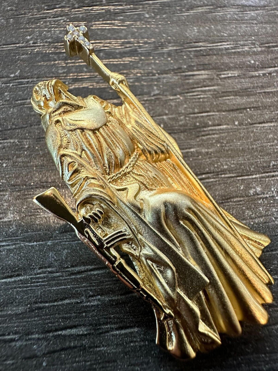 3D Santa Muerte MATTE Grim Reaper Death Charm W. AK47 925 ITALY Silver 14K Gold Bonded