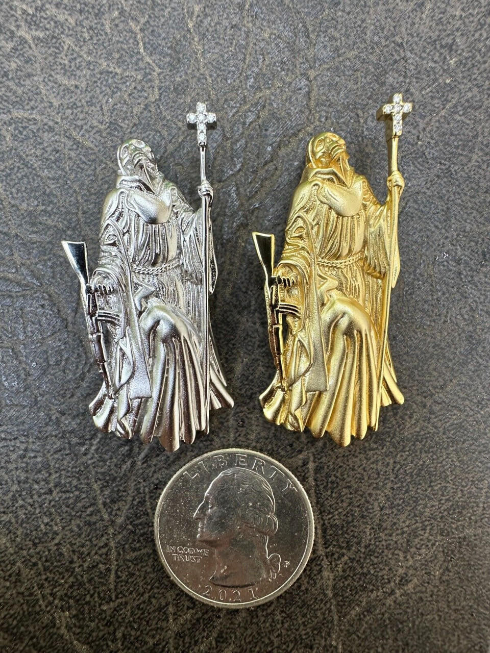 3D Santa Muerte MATTE Grim Reaper Death Charm W. AK47 925 ITALY Silver 14K Gold Bonded