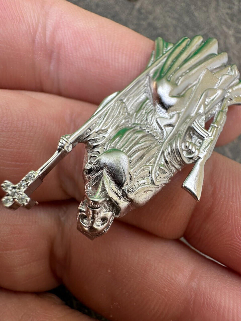 3D Santa Muerte MATTE Grim Reaper Death Charm W. AK47 925 ITALY Silver 14K Gold Bonded