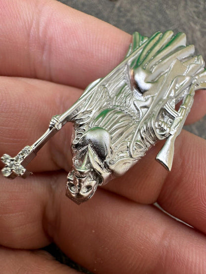 3D Santa Muerte MATTE Grim Reaper Death Charm W. AK47 925 ITALY Silver 14K Gold Bonded