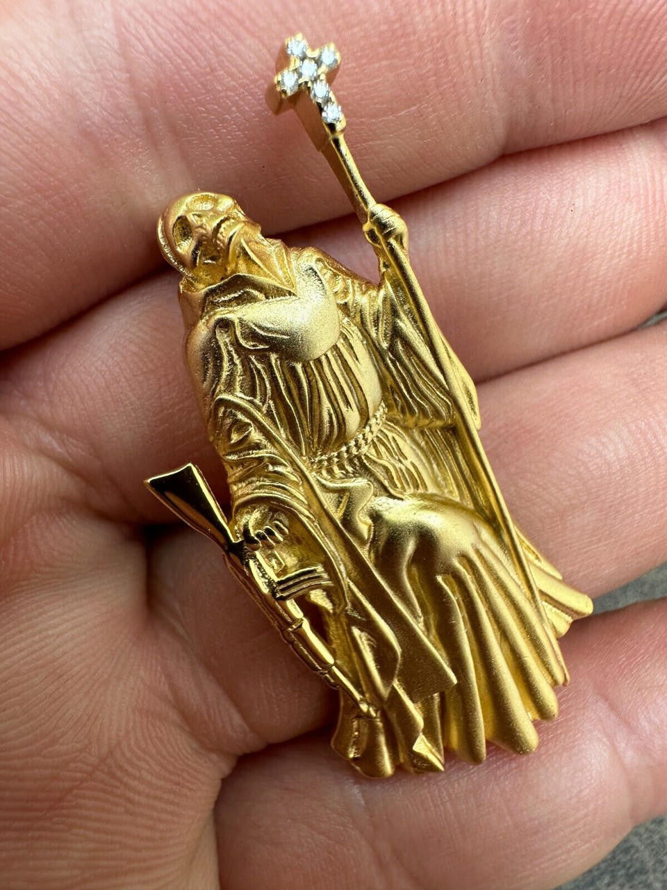 3D Santa Muerte MATTE Grim Reaper Death Charm W. AK47 925 ITALY Silver 14K Gold Bonded