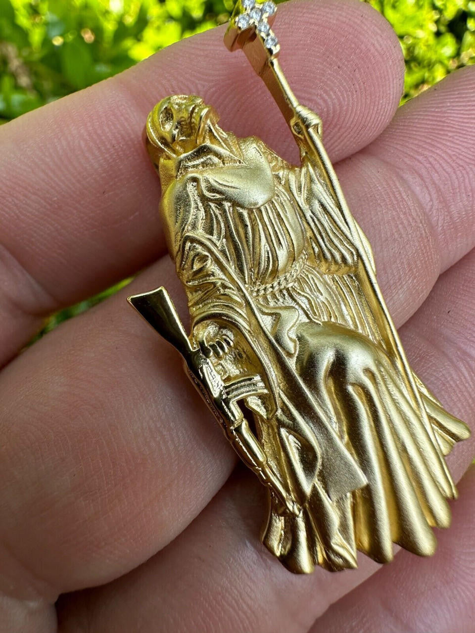 3D Santa Muerte MATTE Grim Reaper Death Charm W. AK47 925 ITALY Silver 14K Gold Bonded