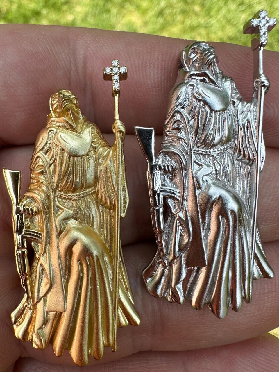 3D Santa Muerte MATTE Grim Reaper Death Charm W. AK47 925 ITALY Silver 14K Gold Bonded