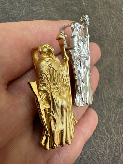 3D Santa Muerte MATTE Grim Reaper Death Charm W. AK47 925 ITALY Silver 14K Gold Bonded