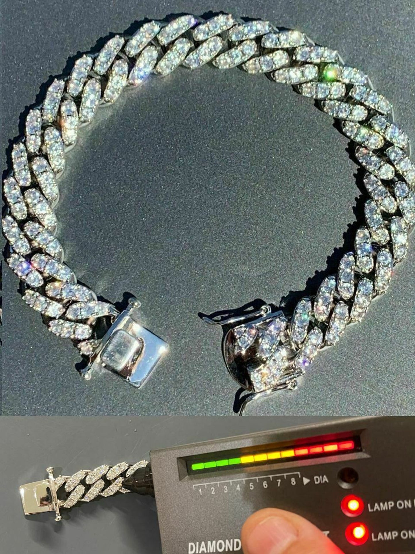 12mm 925 Silver Men's Miami Cuban Bracelet Iced Moissanite Pass Diamond Tester Solid