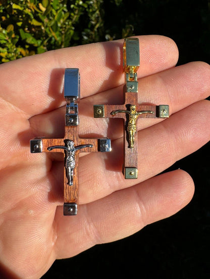Small Plain Real 925 Silver & Natural Wood Jesus Cross Pendant Necklace 1.25"