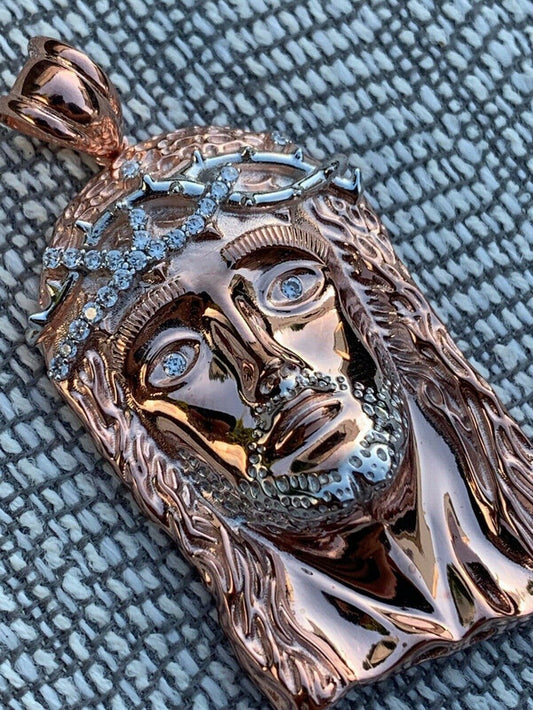 Solid 925 Silver 14k Rose Gold Finish Jesus Piece ITALY Necklace HIPHOP Real Icy