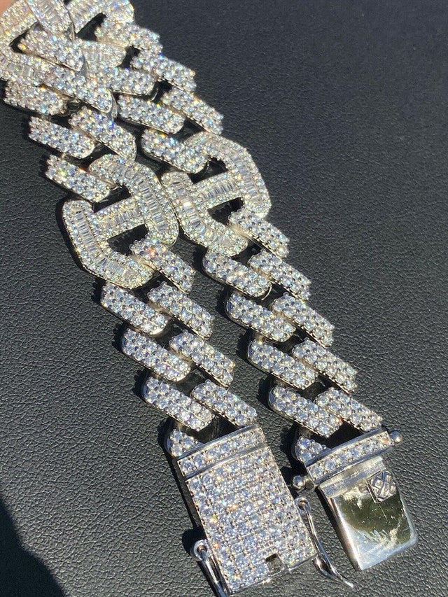 Solid 925 Silver Mens Figarucci Gucci Link Prong Cuban Chain Baguette Diamonds