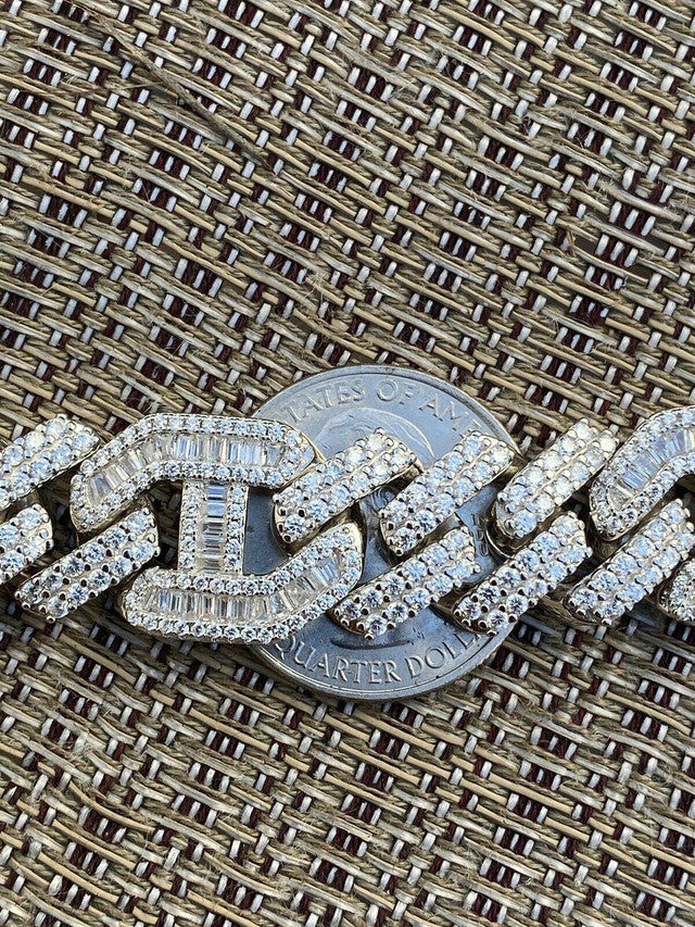 Solid 925 Silver Mens Figarucci Gucci Link Prong Cuban Chain Baguette Diamonds