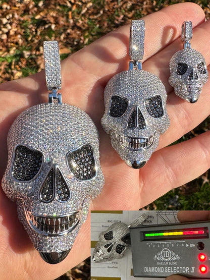 White & Black Diamond Iced out Moissanite Skull Pendant 3d 925 Sterling Silver Necklace Hip Hop Jewelry