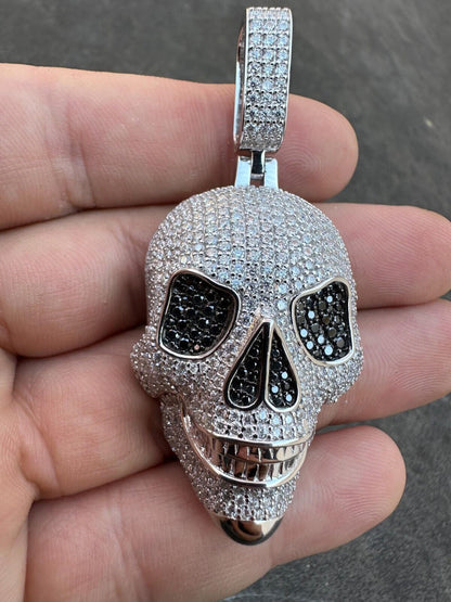 Edgy 14k White silver skull necklace with black diamonds.