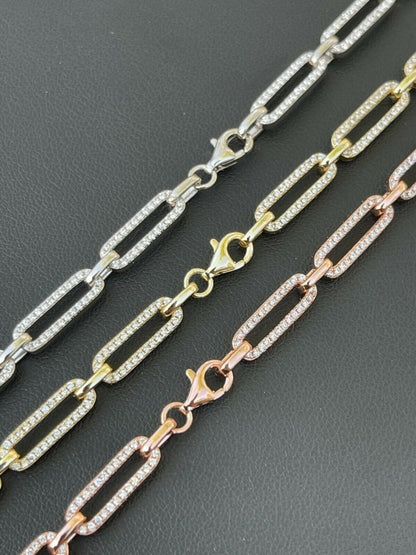 Solid 925 Sterling Silver Gold Diamond Paperclip Chain 5mm Necklace Or Bracelet