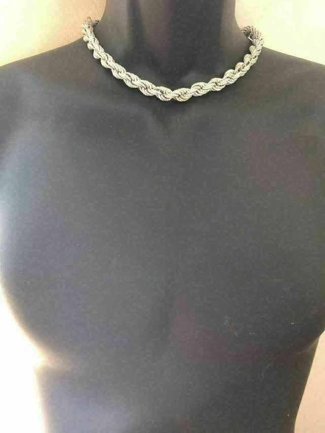 Solid 925 Sterling Silver Men's Rope Chain 18” Choker 40ct Man Diamonds ICY