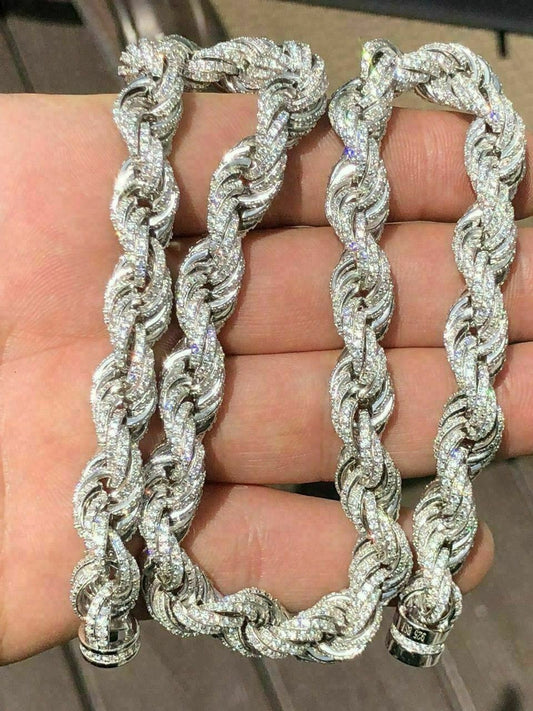 Solid 925 Sterling Silver Men's Rope Chain 18” Choker 40ct Man Diamonds ICY