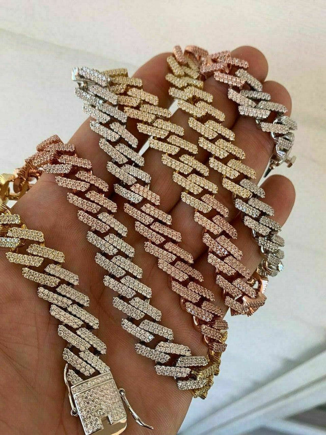Tri Color Miami Cuban Prong Chain Yellow Rose Gold & Real Solid 925 Silver ICY