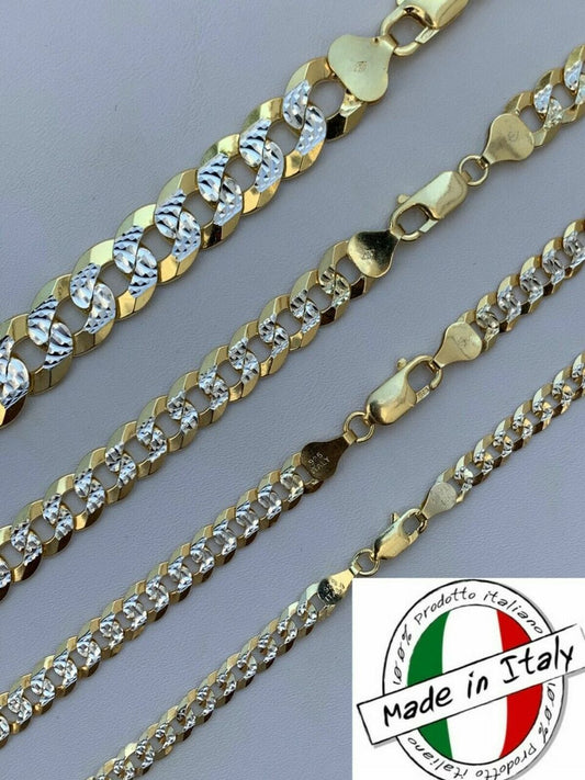Two Tone Cuban Link Chain 14k Gold & Solid 925 Silver Diamond Cut ITALY 5-11mm