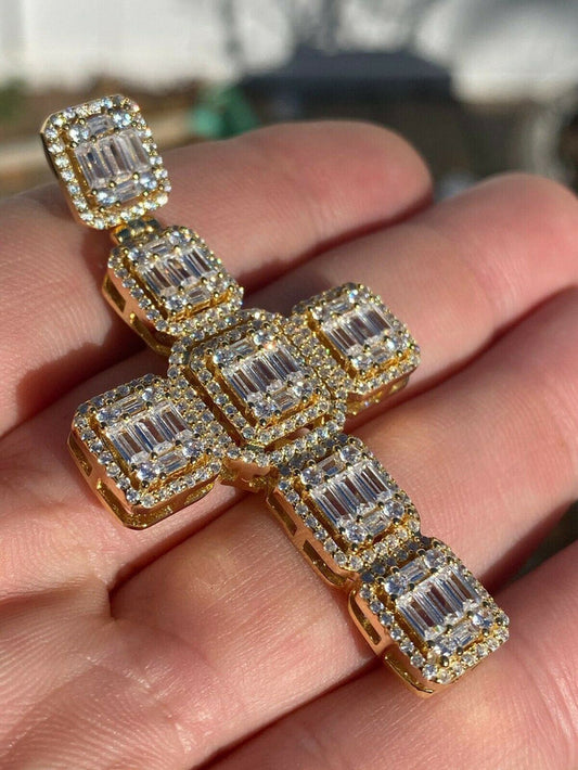 Yellow Gold Over Solid 925 Silver Men's Large Baguette Diamond Cross Necklace 2"
