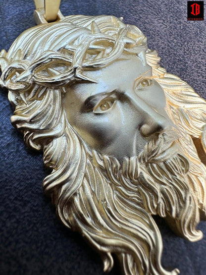 Matte Fine  10K 14K Gold over 925 ITALY Silver Jesus Piece Iced Pendant Chain - 3 Sizes