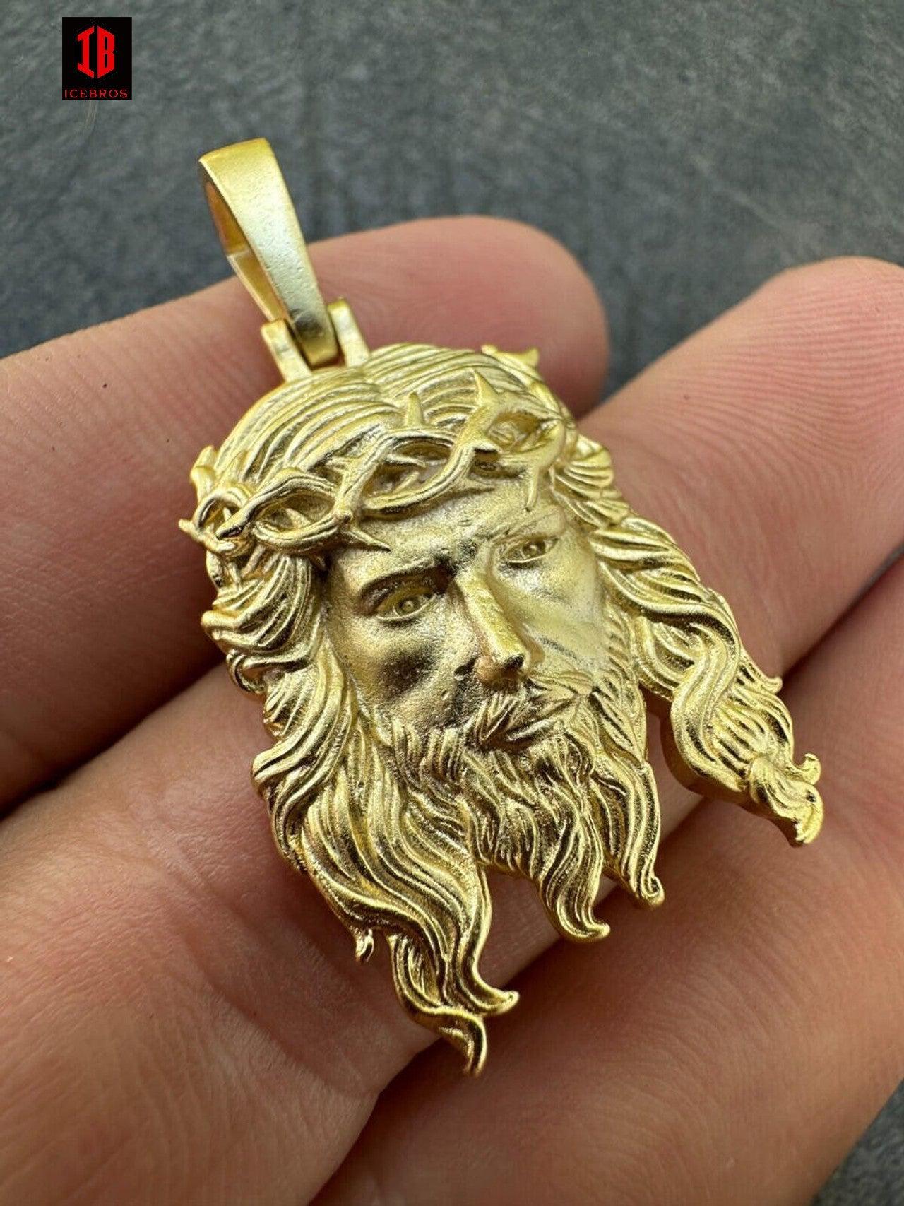 Matte Fine  10K 14K Gold over 925 ITALY Silver Jesus Piece Iced Pendant Chain - 3 Sizes