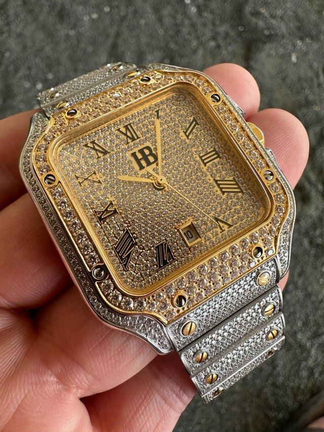 14k Gold Plated & Stainless Steel Two Tone Real Mens Watch Iced CZ Hip Hop