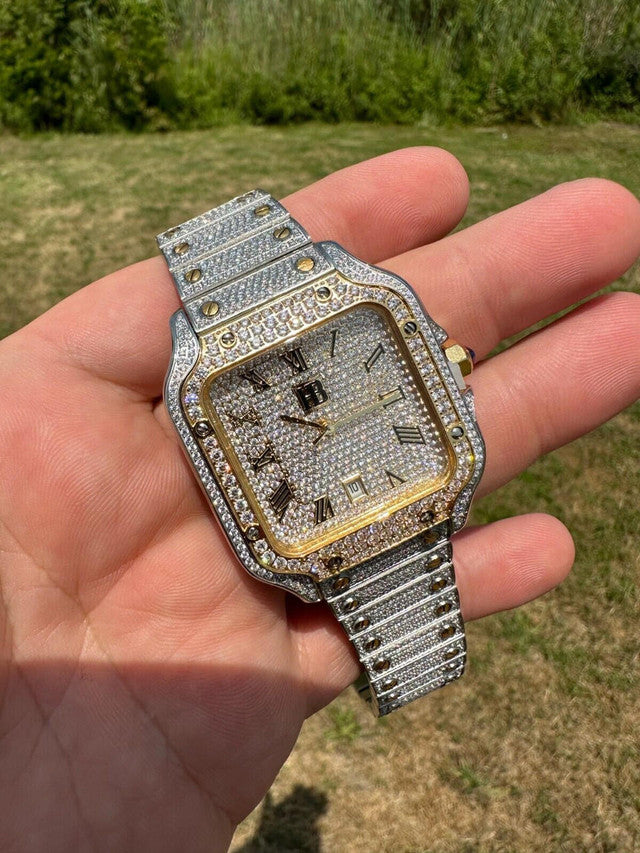 14k Gold Plated & Stainless Steel Two Tone Real Mens Watch Iced CZ Hip Hop