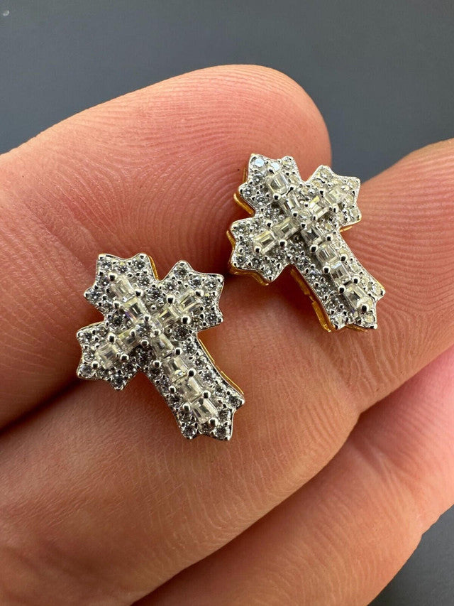 Gothic Cross Large Earrings 14k Gold Vermeil 925 Silver Iced Hip Hop Mens Ladies